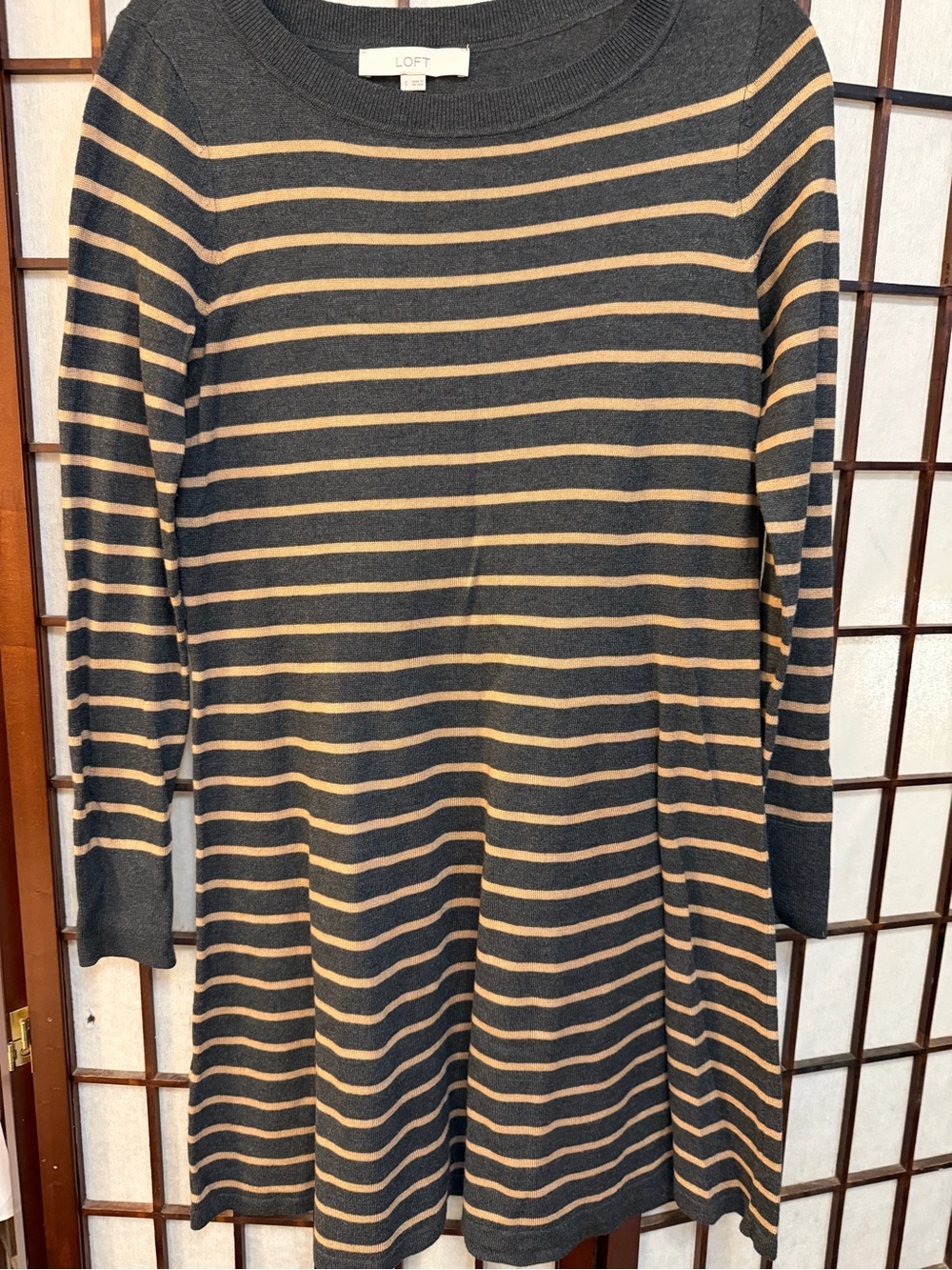 LOFT Dark Grey and Tan Striped Crewneck Sweater